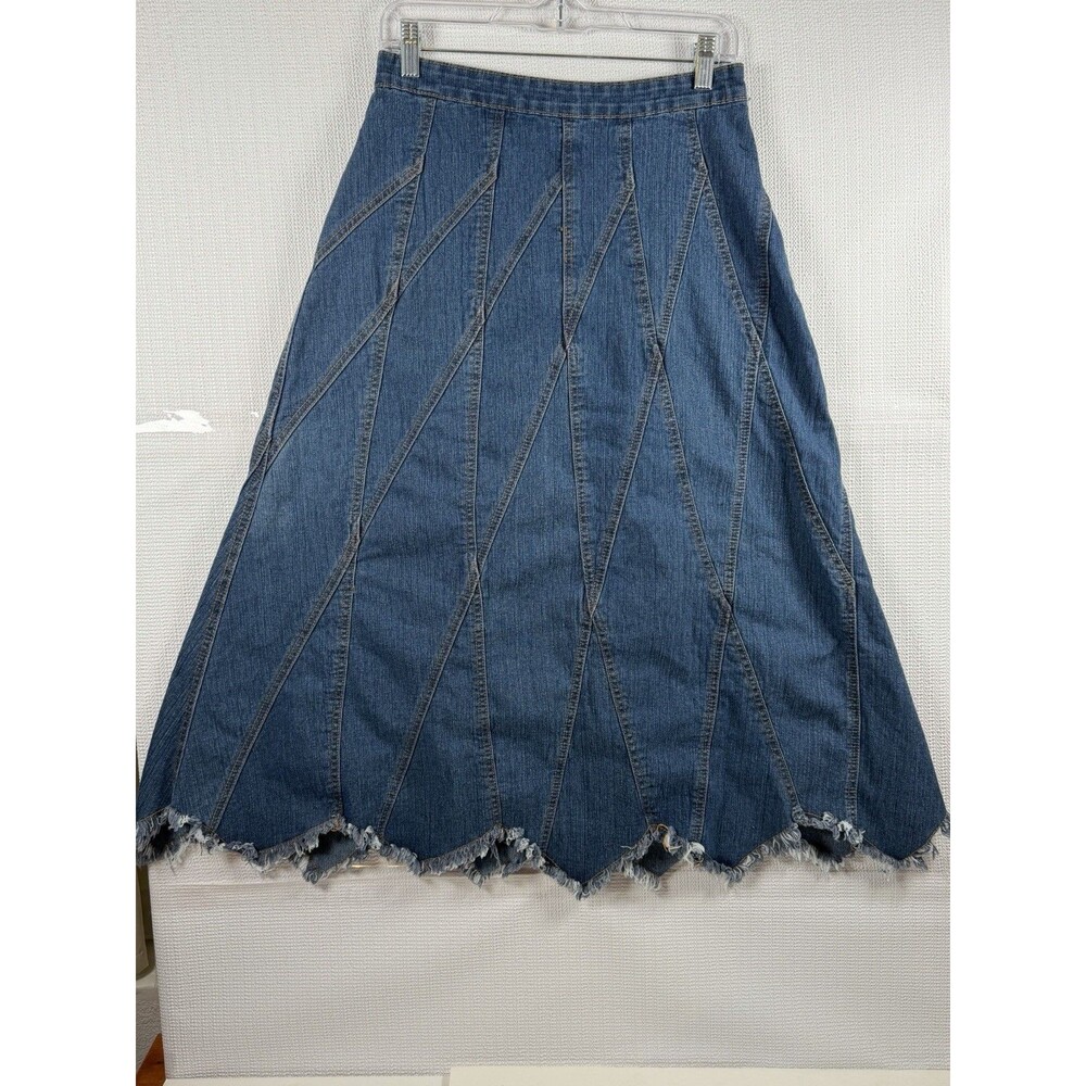 BE-GIRL Denim Midi Skirt Women Size S Blue Patchwork Frayed Hem Y2K Stretch - Picture 2 of 8